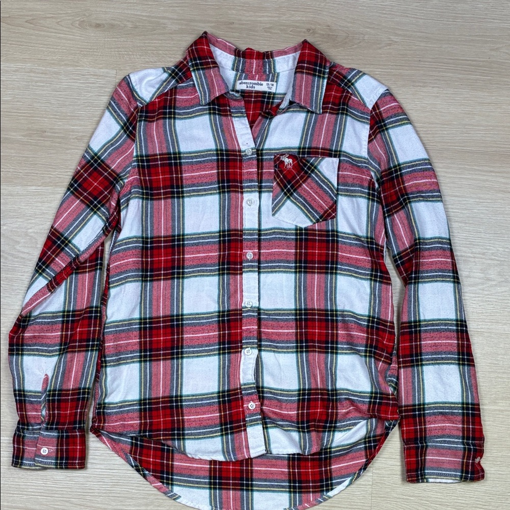 Abercrombie Kids Red White Christmas Holiday Plaid Flannel Button Up Shirt 13/14